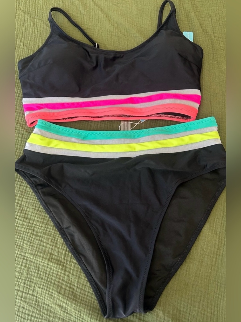 Black High-Waist Bikini Set with Neon Stripe Accents